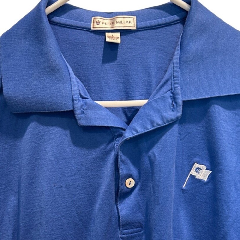Peter Millar Polo Shirt Large Mens Blue Golf Flag Logo Short Sleeve Cotton